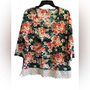 Rebecca Malone Tropical Floral Tunic W/ Lace Hem Womens Large Multicolored